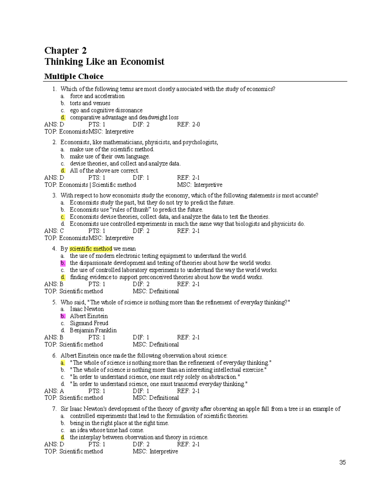 Testbank CH2: Thinking Like an Economist - Multiple Choice Questions ...