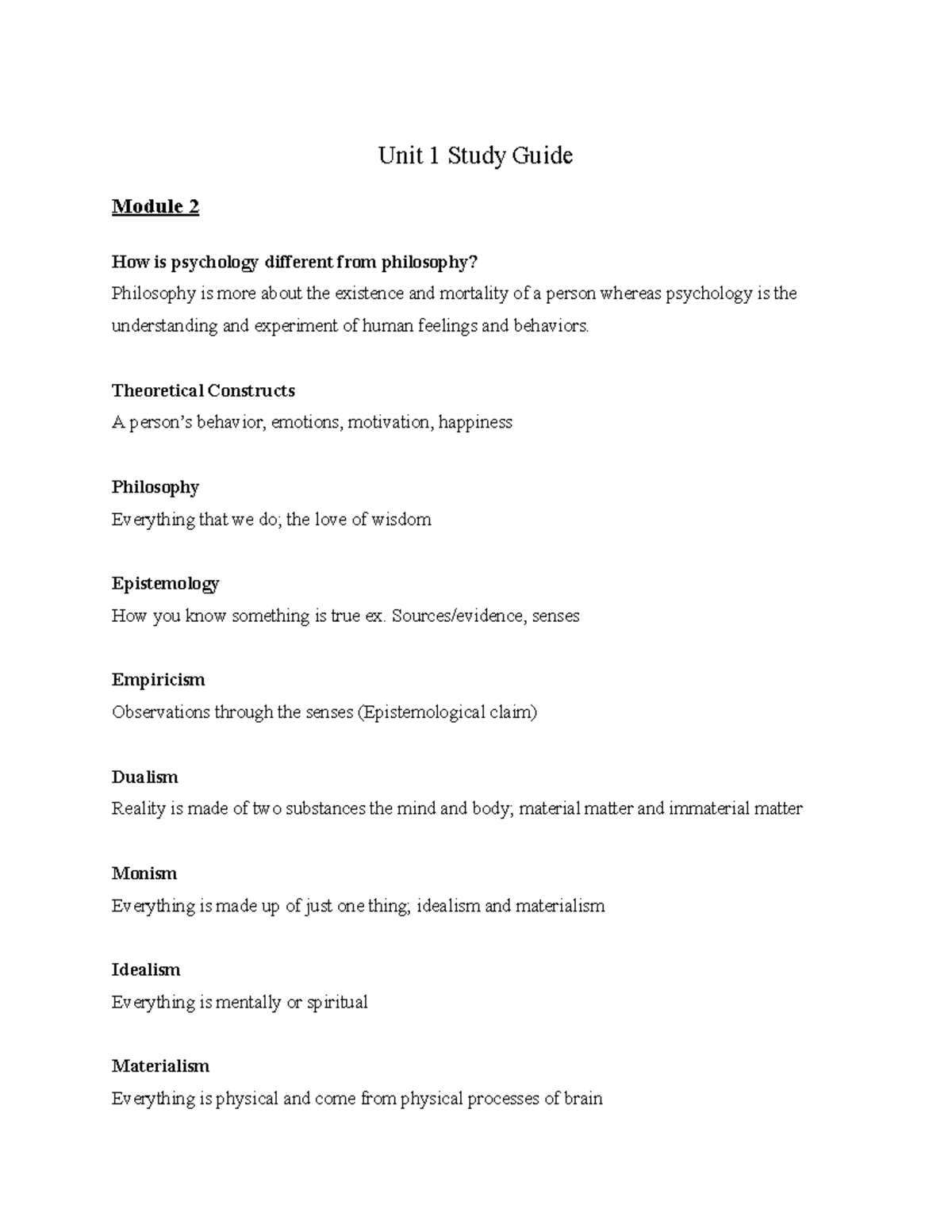 Unit 1 PSY 101 Study Guide: Key Concepts & Theories in Psychology - Studocu