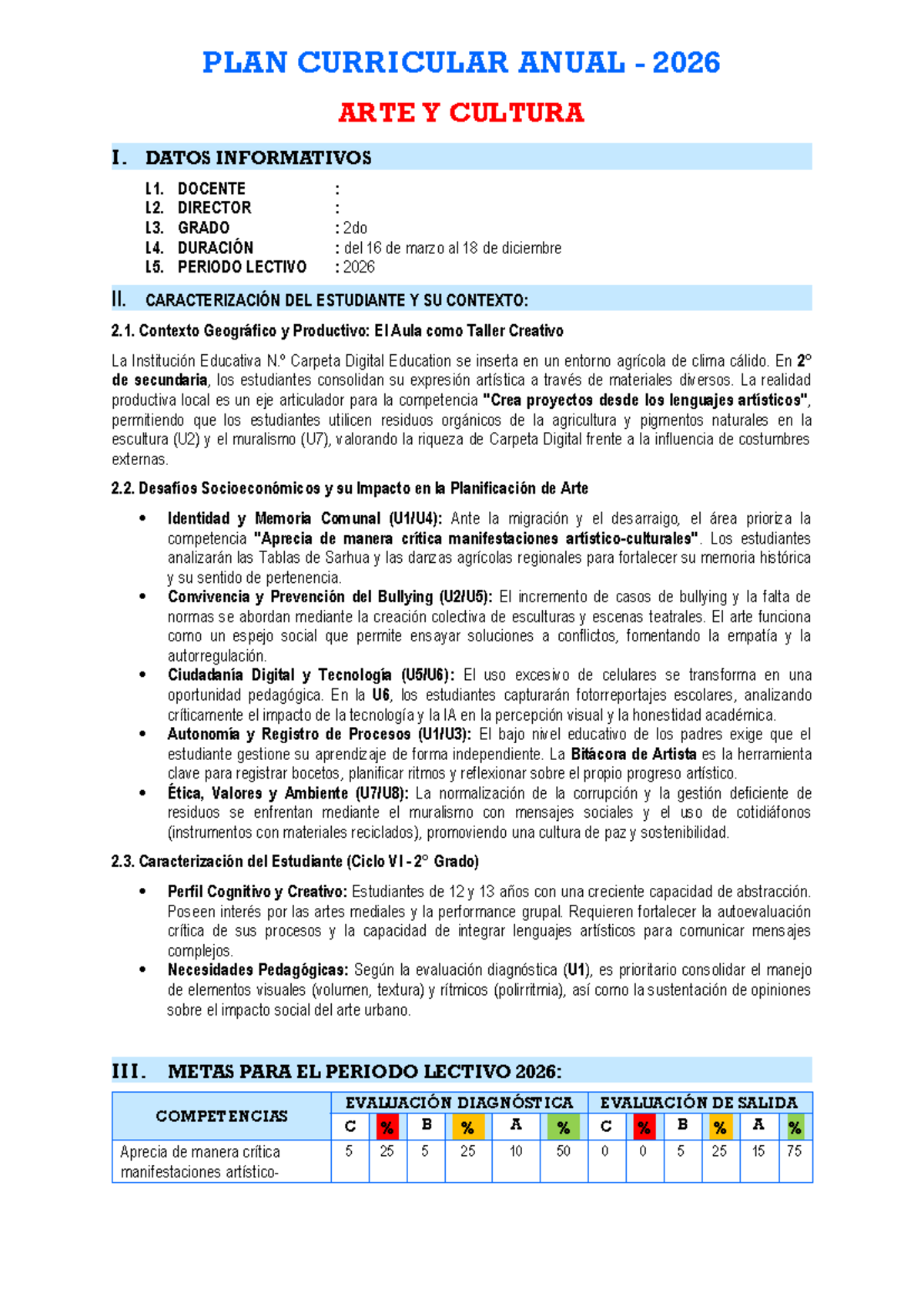 PLAN CURRICULAR ANUAL 2026 - ARTE Y CULTURA I - 2DO GRADO - Document Preview
