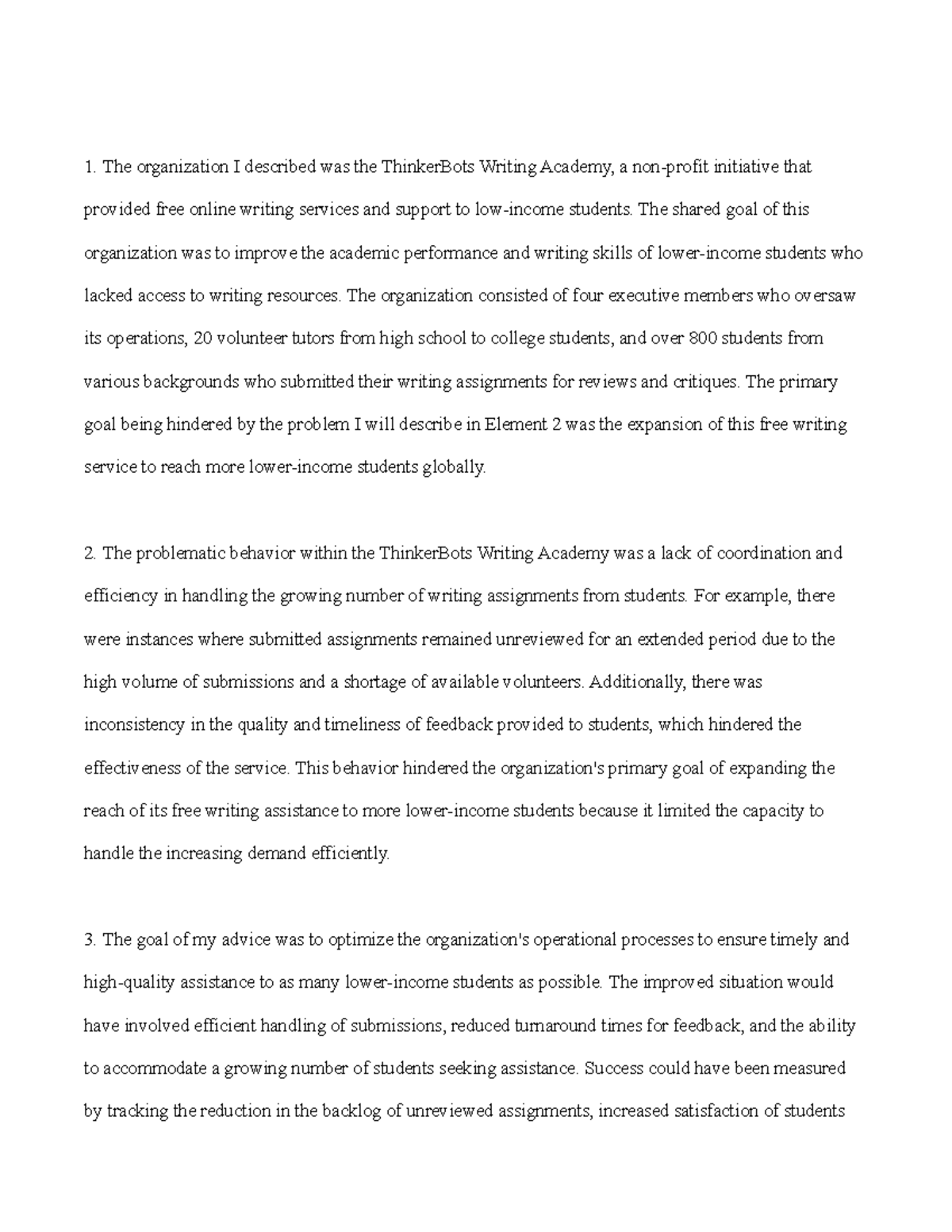 Management Problem Analysis: ThinkerBots Writing Academy Challenges ...
