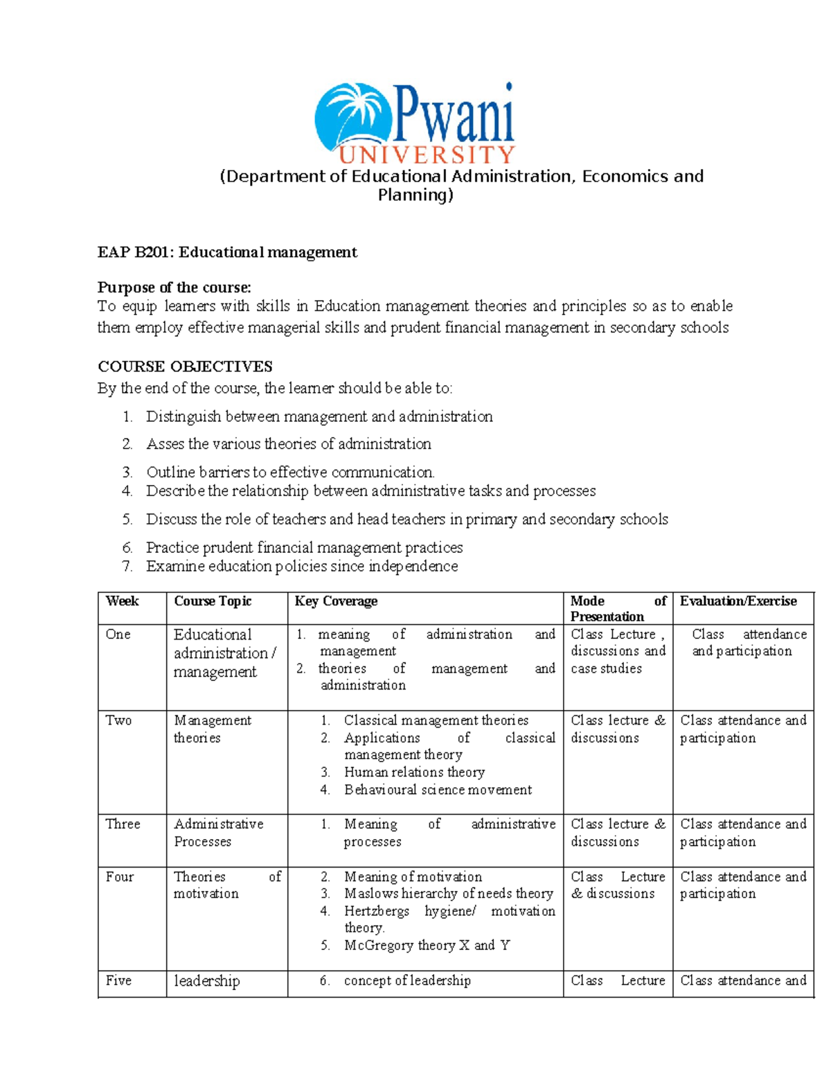 EAP B201: Course Outline for Educational Management Principles - Studocu