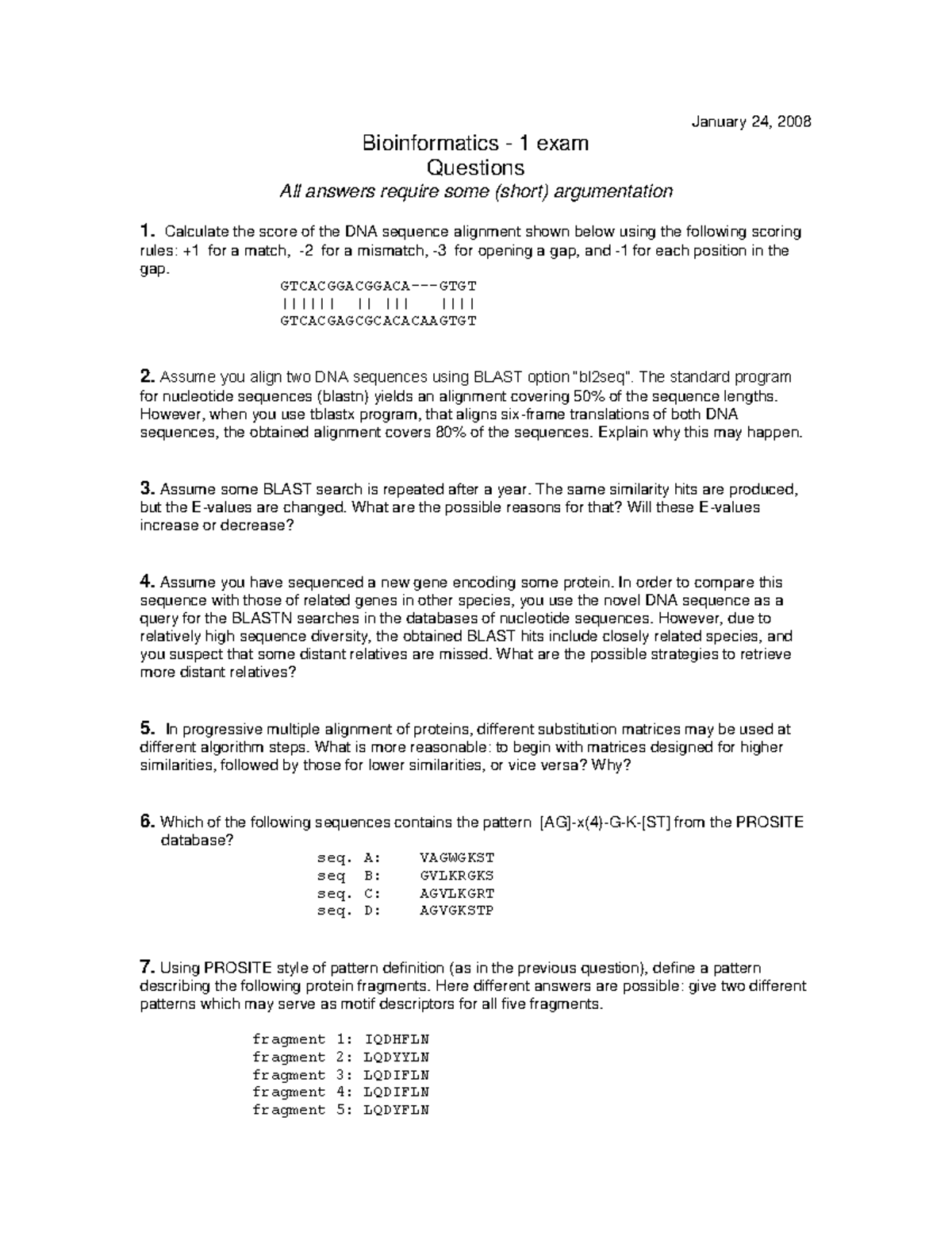 Bioinformatics Exam (BIOL 101) - 24 January 2008 Questions - Studeersnel
