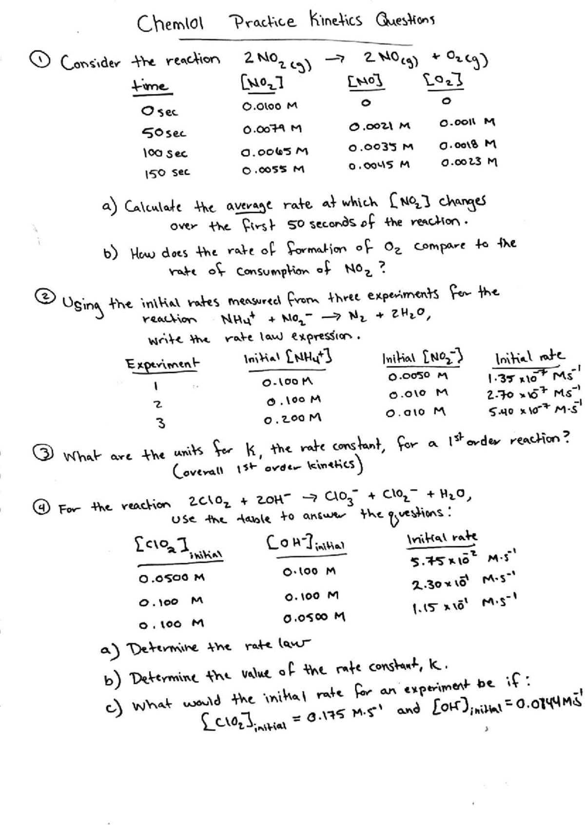 CHEM101 Sample Kinetics Questions and Rate Law Calculations - Studocu