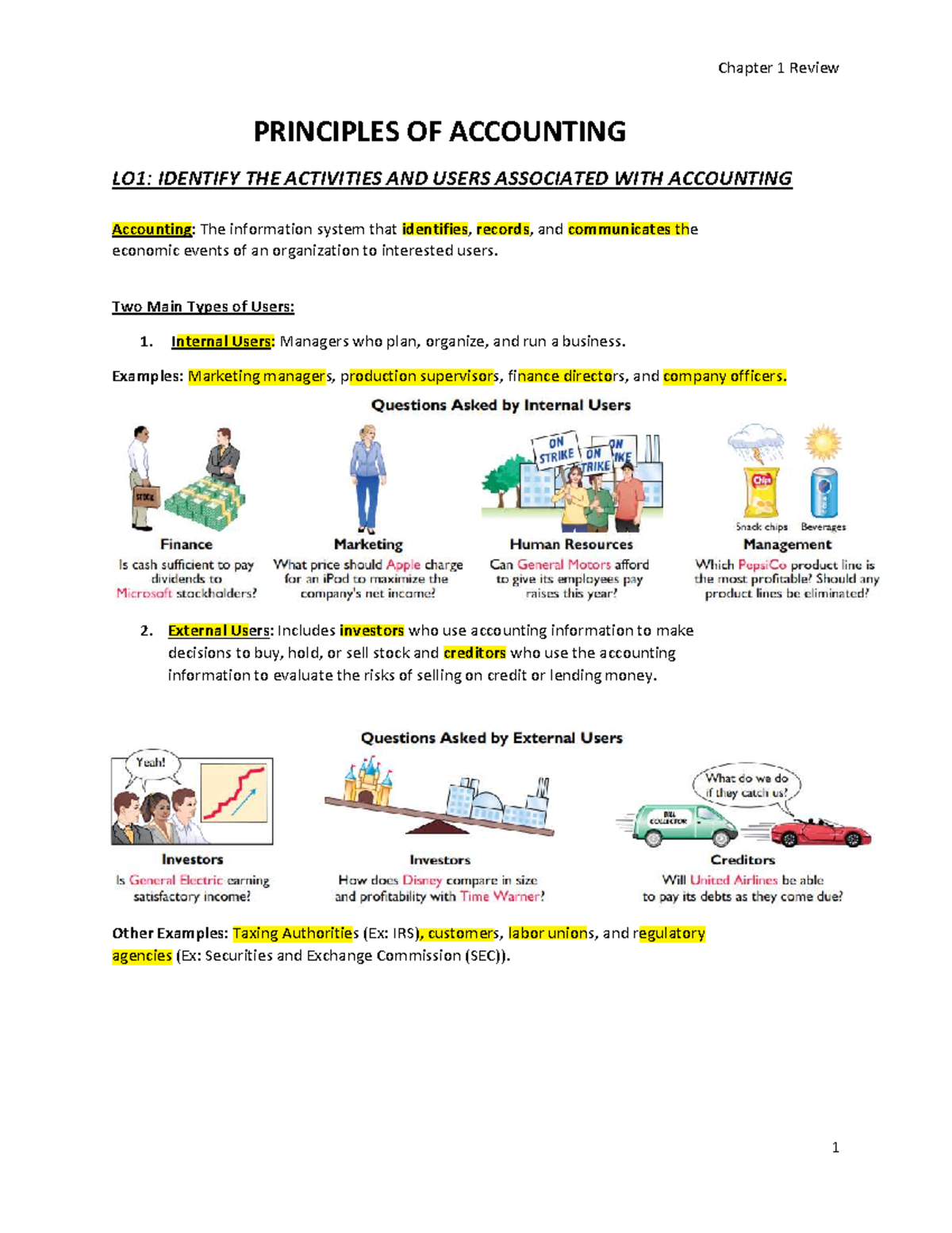 Chapter 1 Review: Principles of Accounting (LO1-LO5) Summary - Studocu