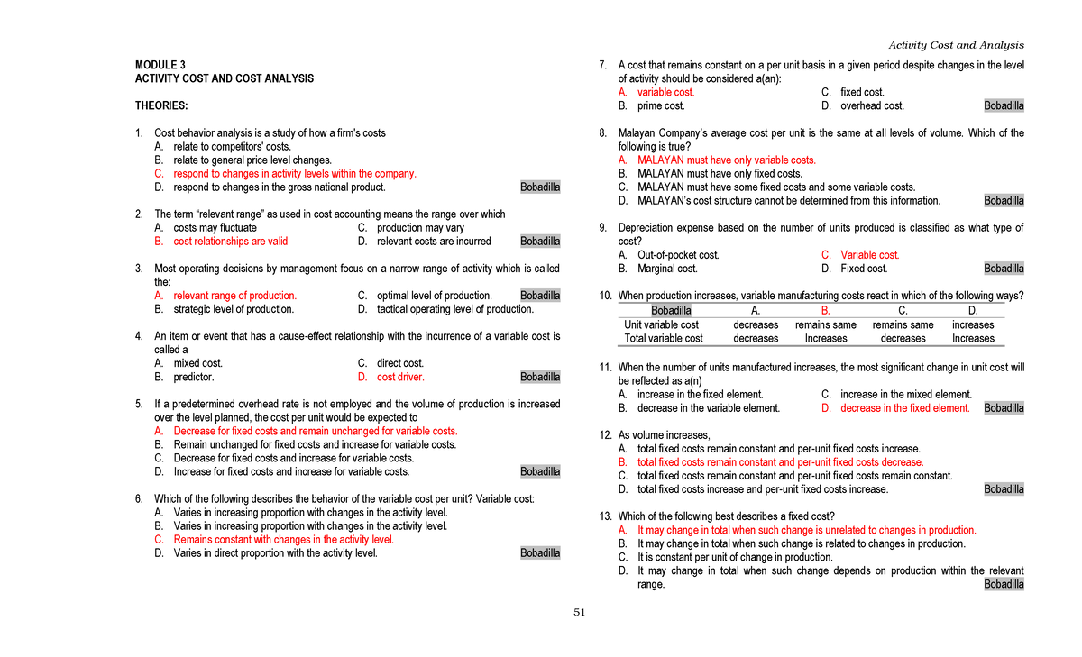 Activity Cost Analysis: MODULE 3 - Cost Behavior and Estimation ...