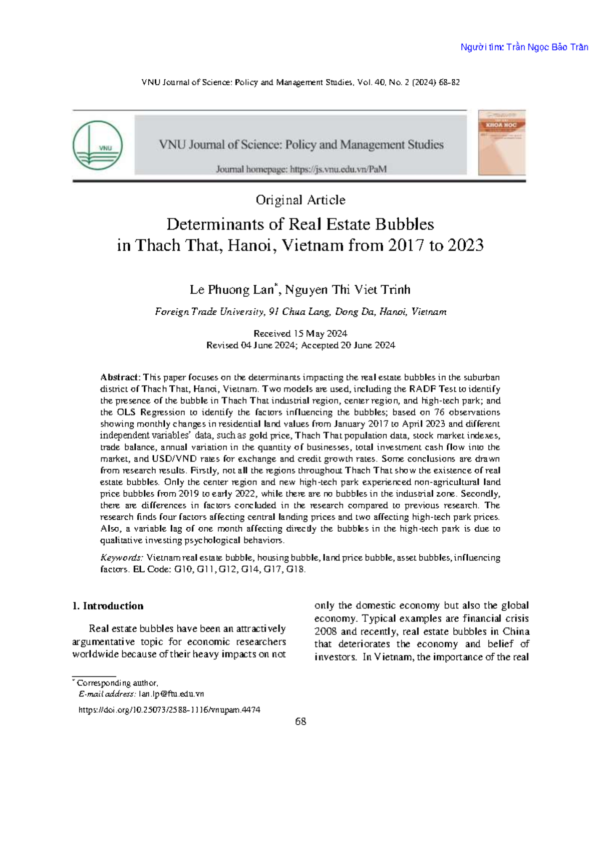2024.02.VNU Journal of Science: Determinants of Real Estate Bubbles in ...