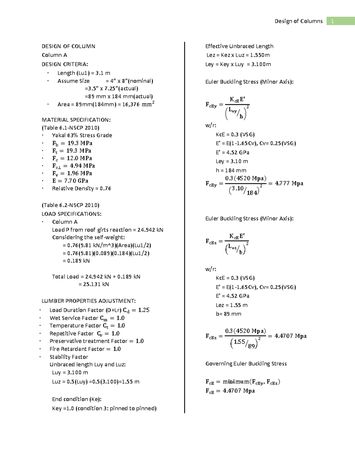 Design of Columns: Structural Analysis and Specifications - Studocu