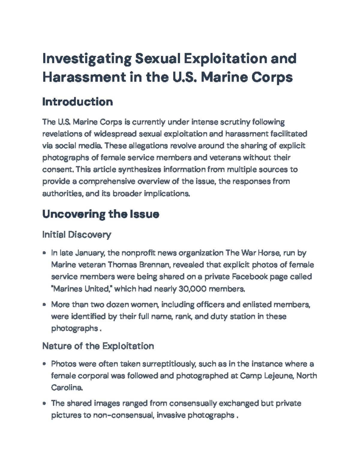 Investigating Sexual Exploitation & Harassment in U.S. Marine Corps ...