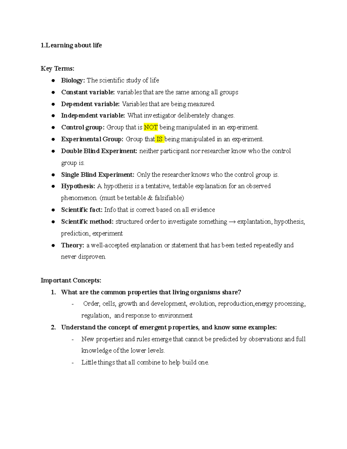 Biology 101: Key Concepts and Terms - Studocu