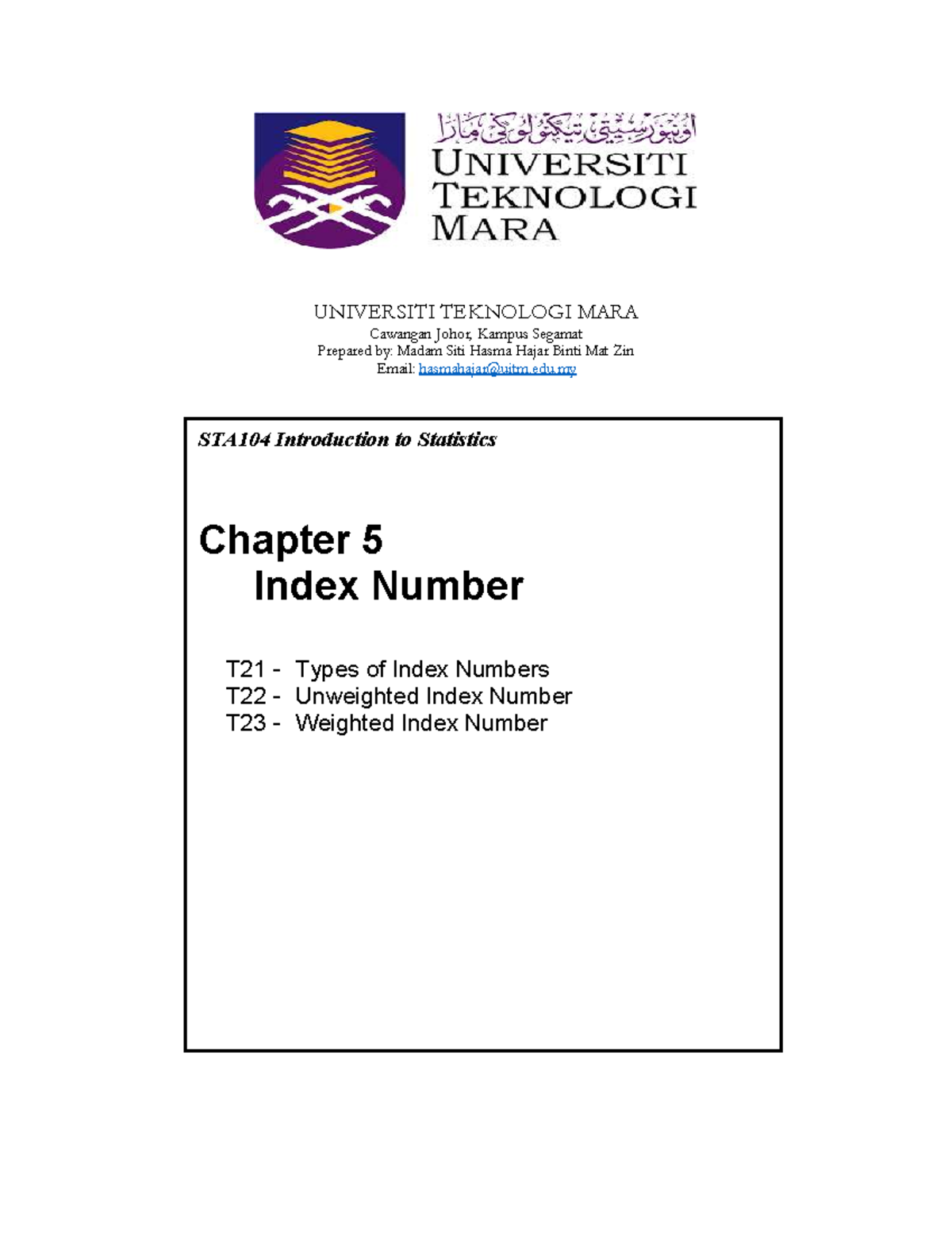 Chapter 5 Index Number - STA104 Introduction to Statistics - Studocu