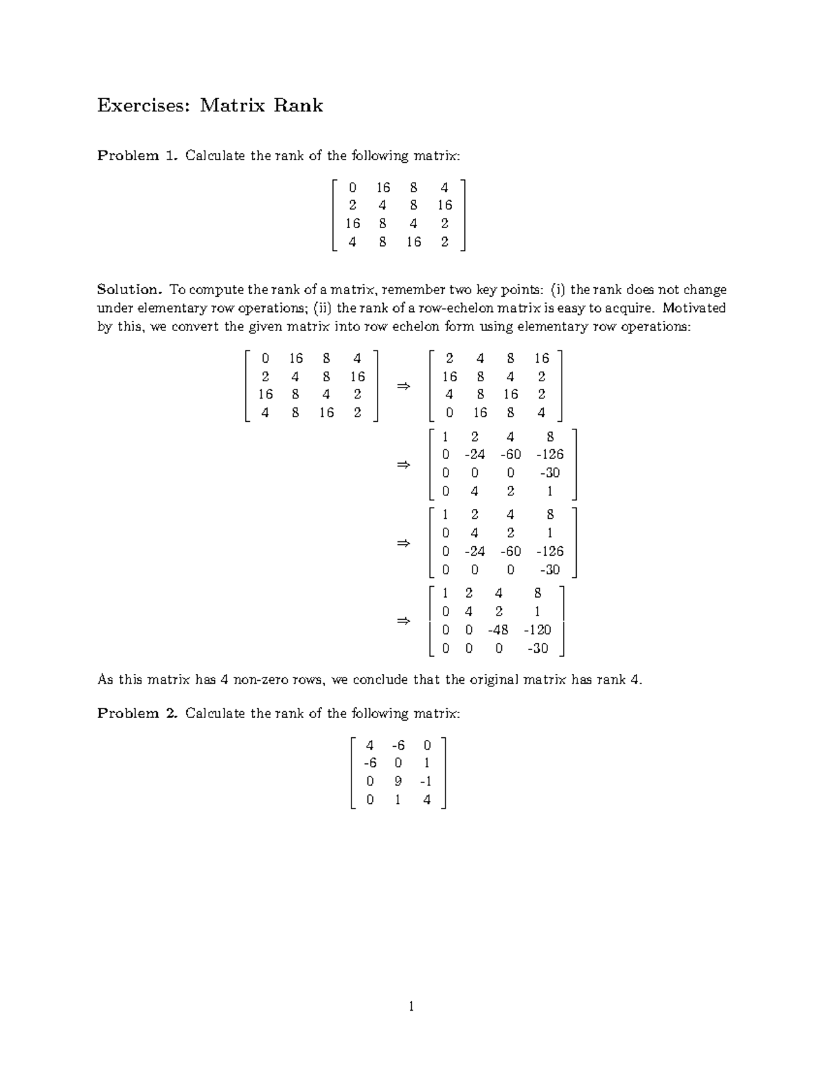Ex matrix rank sol - recommended - Exercises: Matrix Rank Problem 1 ...