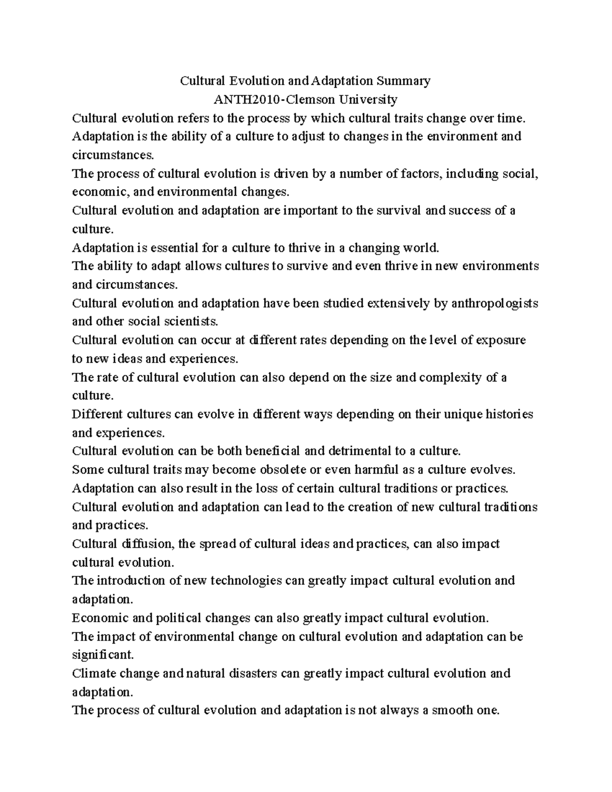 Cultural Evolution and Adaptation Summary - Cultural Evolution and ...