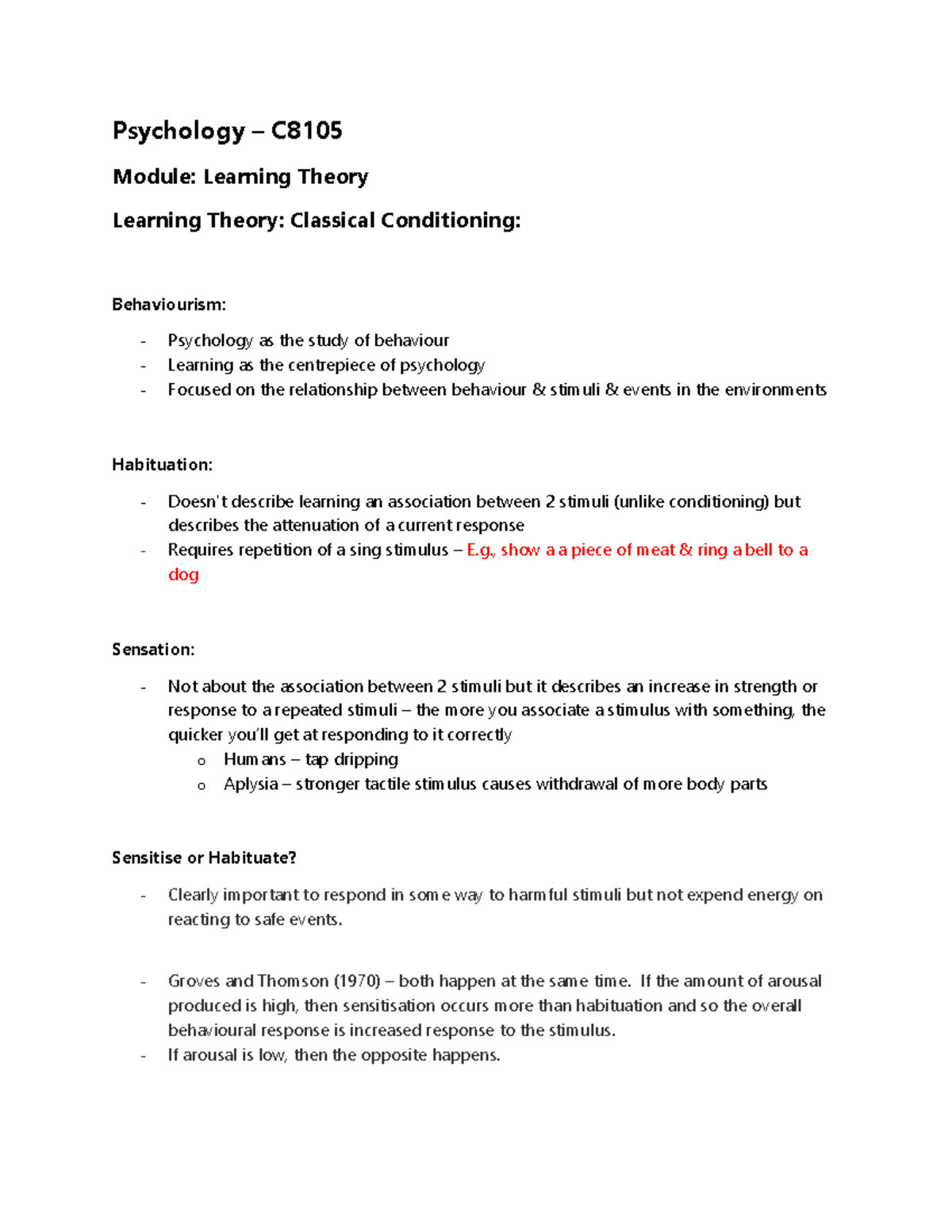 Lecture 1 - Overview of Classical Conditioning & Learning Theory - Studocu