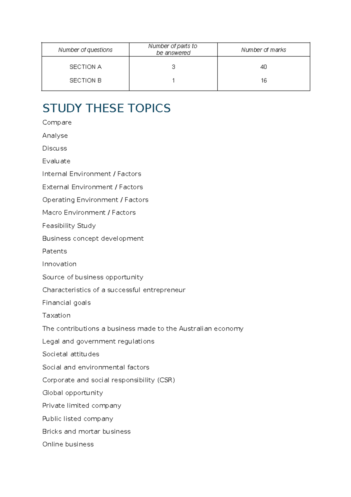 Business Unit 1 exam revision words - Number of questions Number of ...