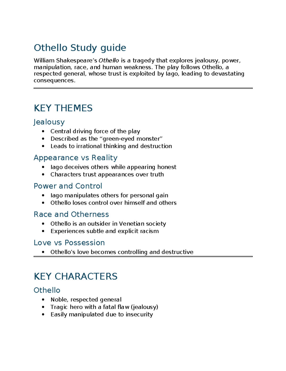 Year 11 Othello Study Guide: Themes, Characters, and Analysis - Studocu