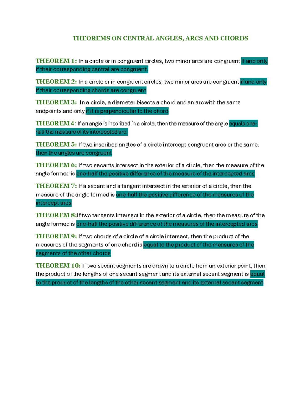 Central Angles, Arcs & Chords Theorems - Math 101 Notes - Studocu