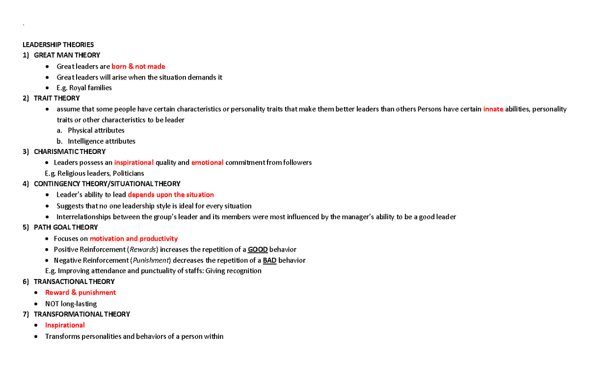 Leadership and Management Theories: A Comprehensive Overview - Studocu