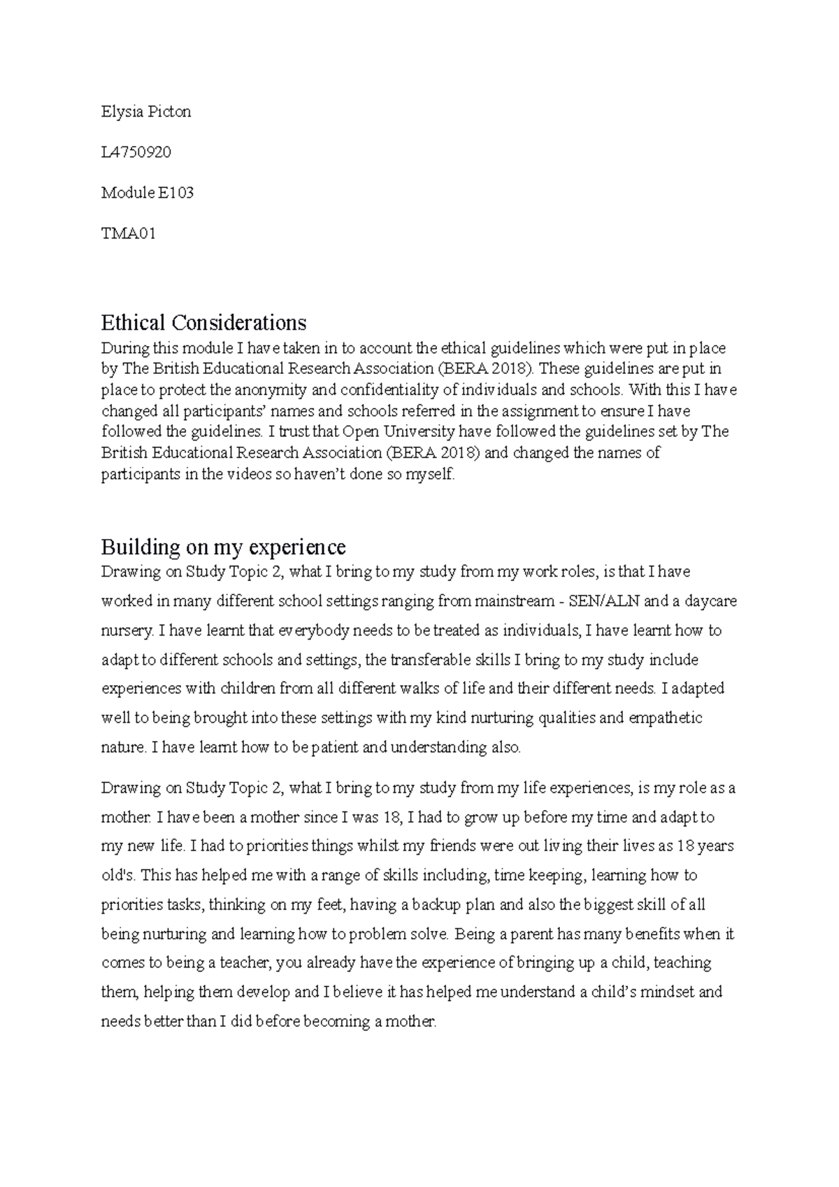 TMA01 - Ethical Considerations and Personal Insights in Teaching - Studocu