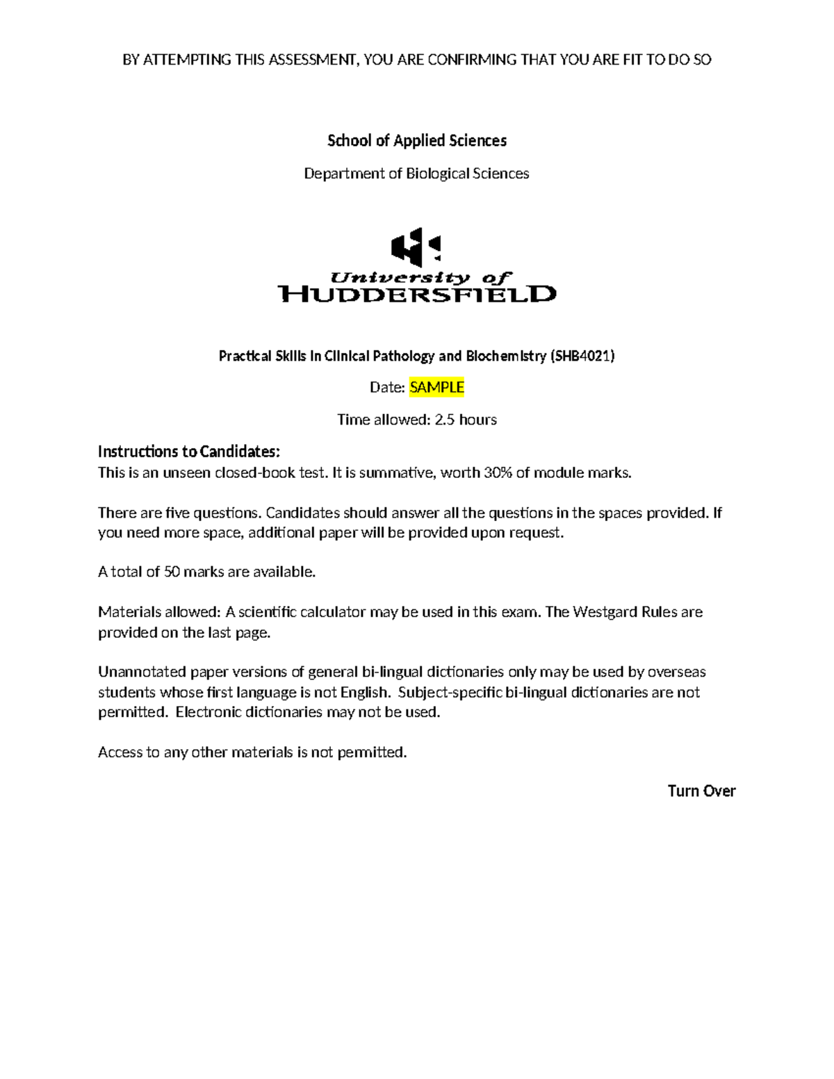 SHB4021 Clinical Pathology & Biochem Summative Test Sample Paper - Studocu