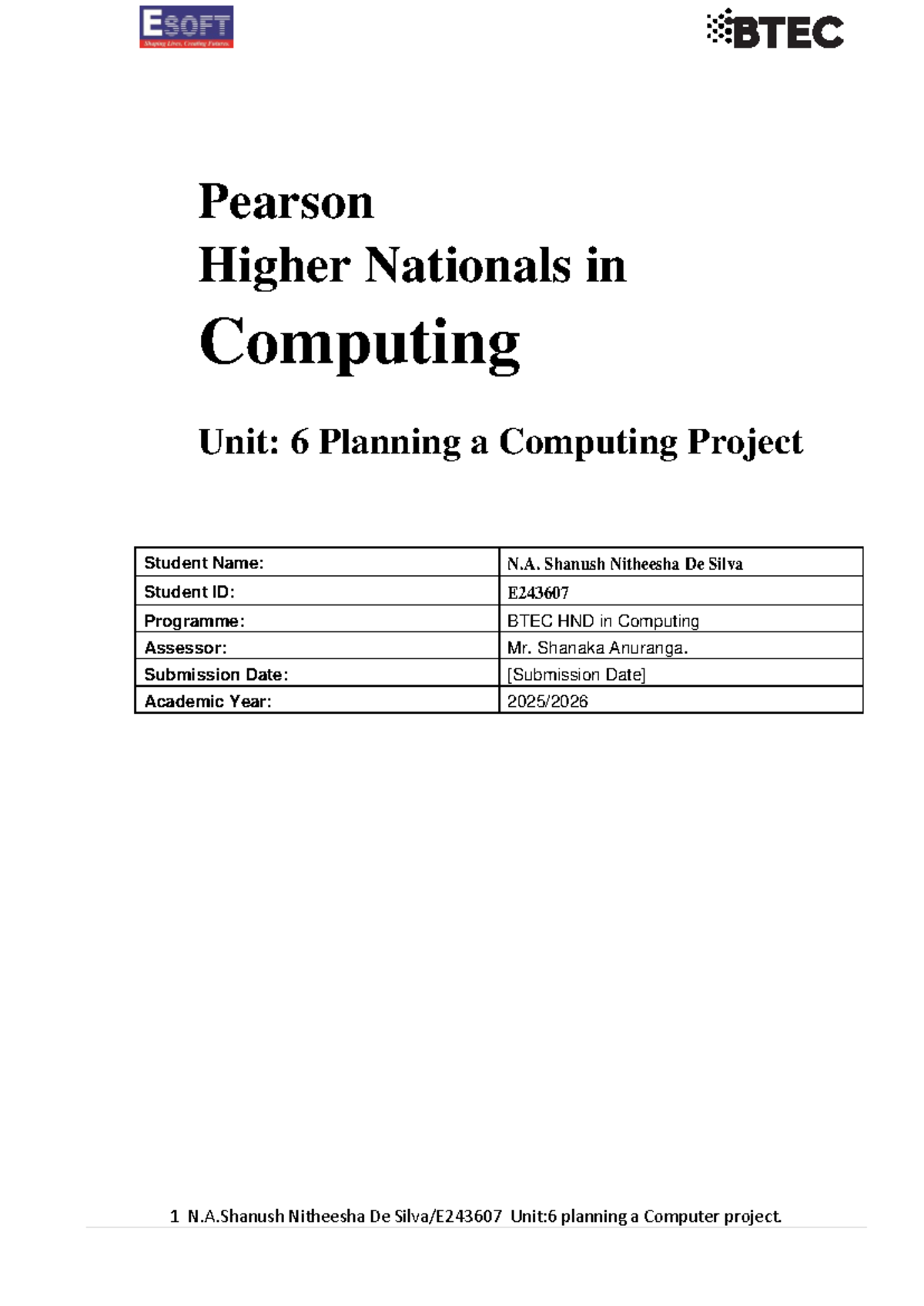 BTEC HND Computing Unit 6: Planning a Computing Project Report - Studocu