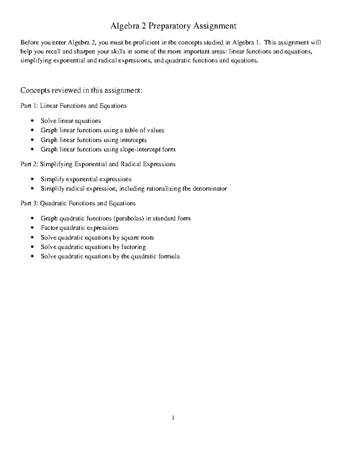 Alg II Summer Prep Work: Essential Algebra Skills Review - Studocu