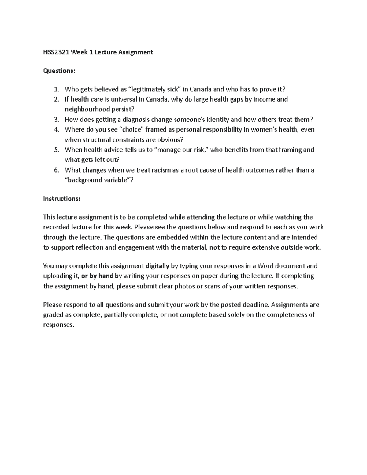 HSS2321 Week 1 Lecture Assignment: Health Beliefs and Identity Issues ...