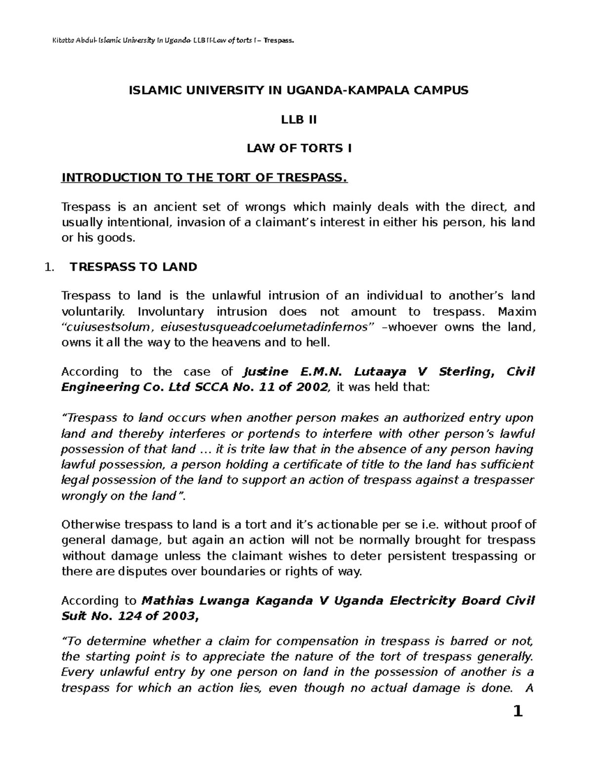 LLB II Law of Torts I: Understanding the Tort of Trespass - Studocu