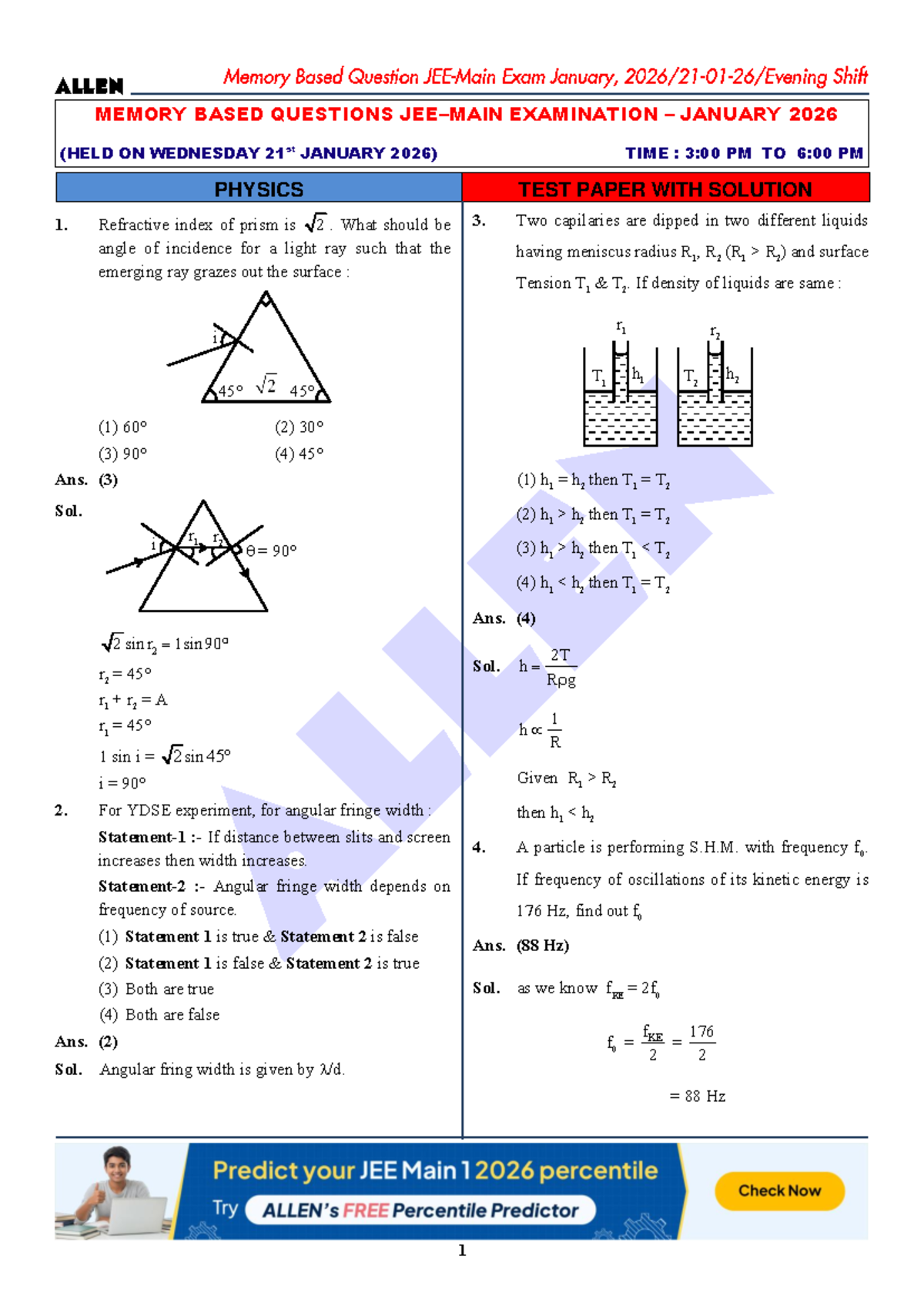JEE Main 2026 January 21 Shift 2 Exam Questions & Solutions - Studocu