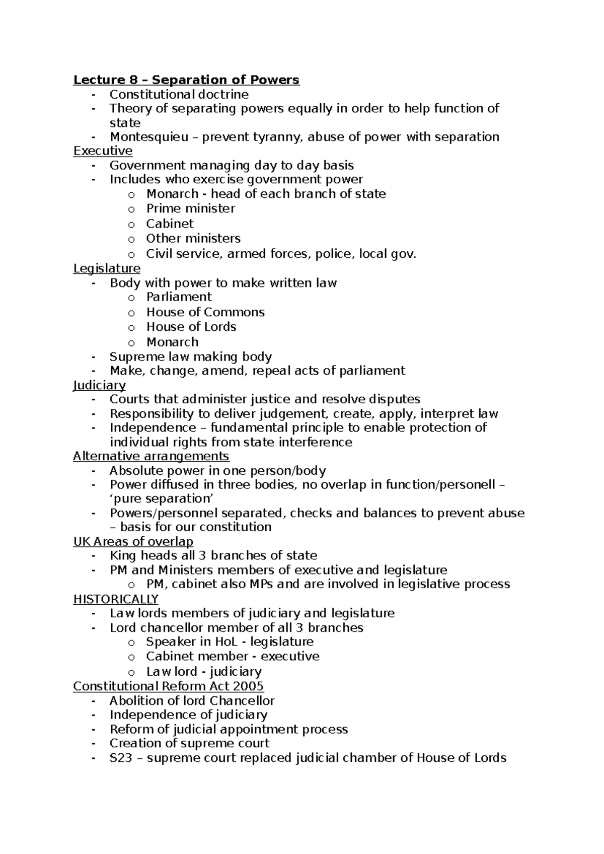 Lecture 8: Separation of Powers in Constitutional Theory - Studocu