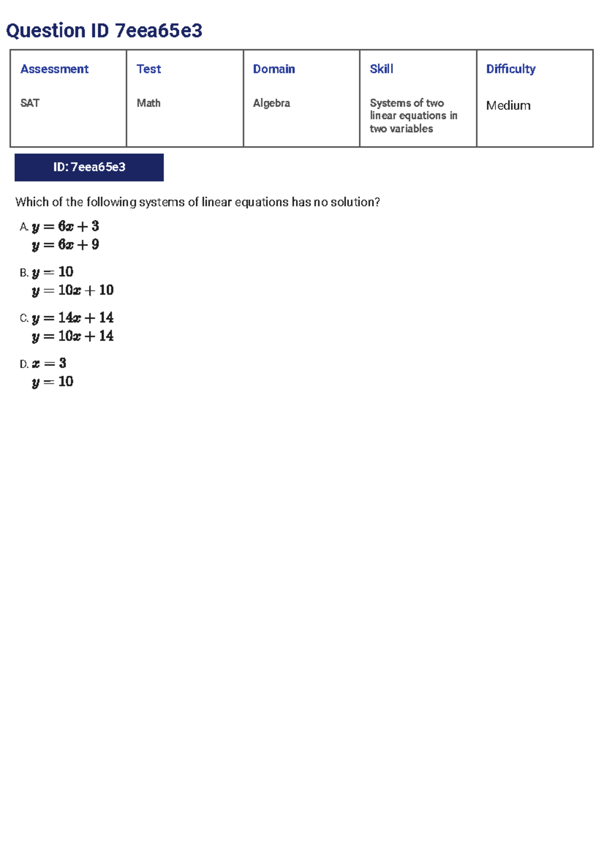 SAT Math Algebra: Systems of Linear Equations Assessment Test - Studocu
