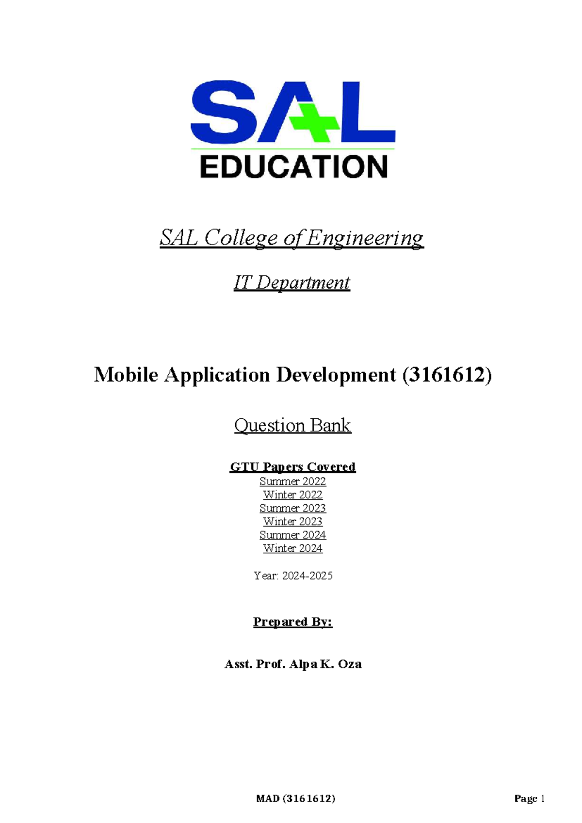 Mobile App Development (3161612) Question Bank: GTU Papers Overview ...