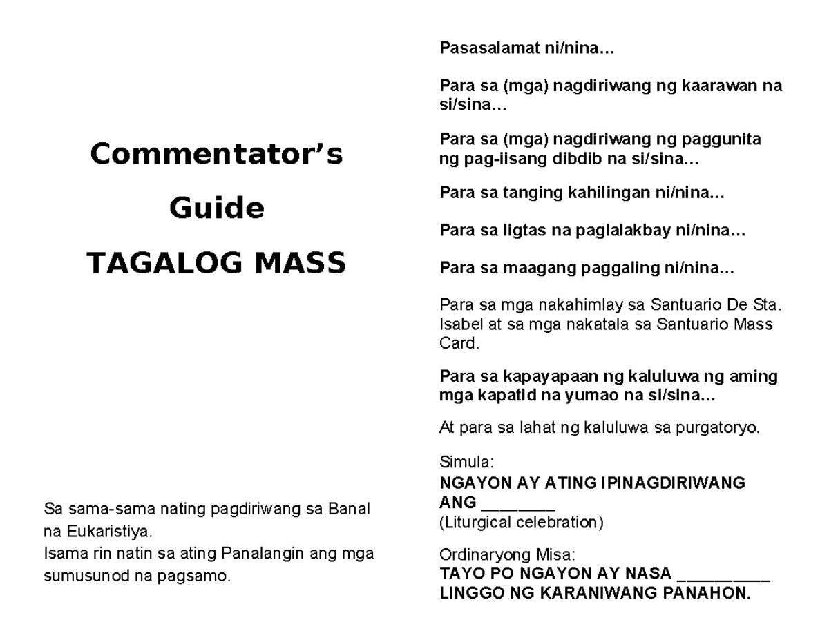 Commentator Guide para sa Misa sa Santuario De Sta. Isabel - Studocu