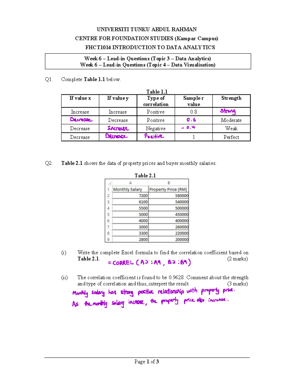 FHCT1014 Introduction to data analytics week 6 questions and exercises ...