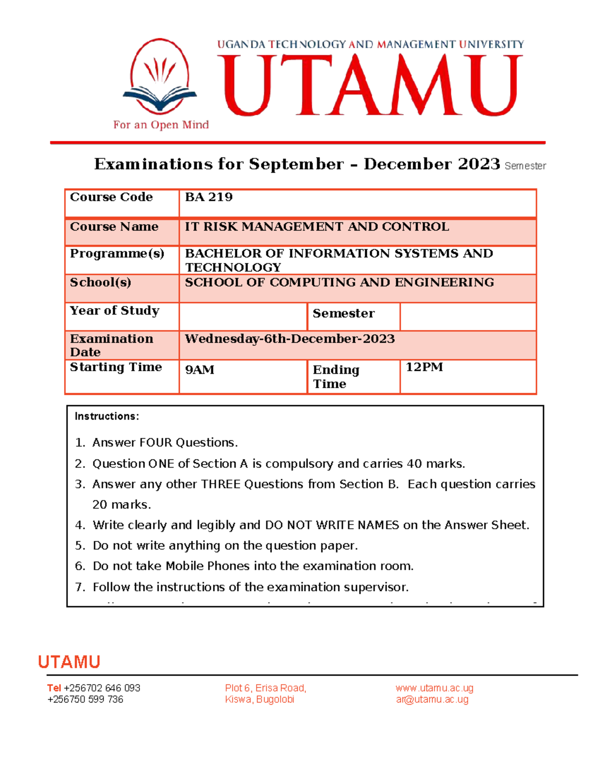 IT Risk Management & Control (BA 219) Final Exam Questions - Studocu
