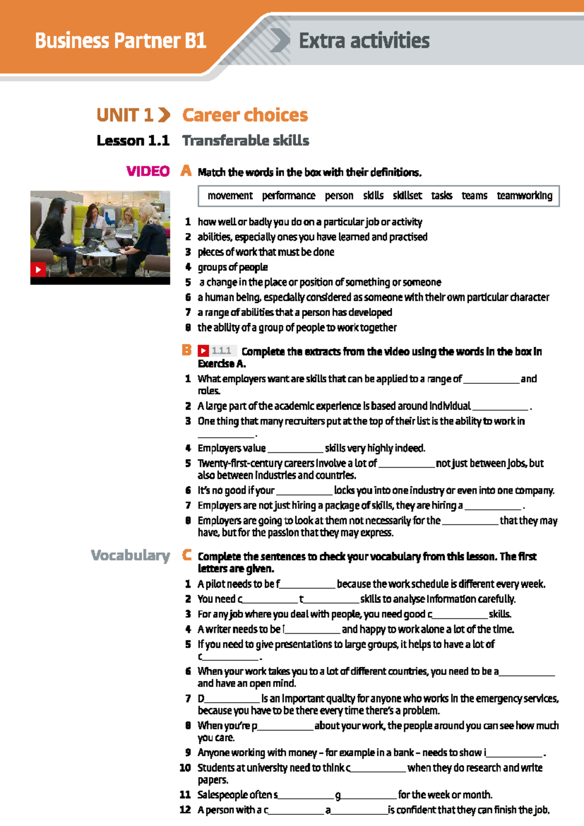 Business Partner B1 Extra Activities: UNIT 1 Career Choices Lessons 1.1 ...