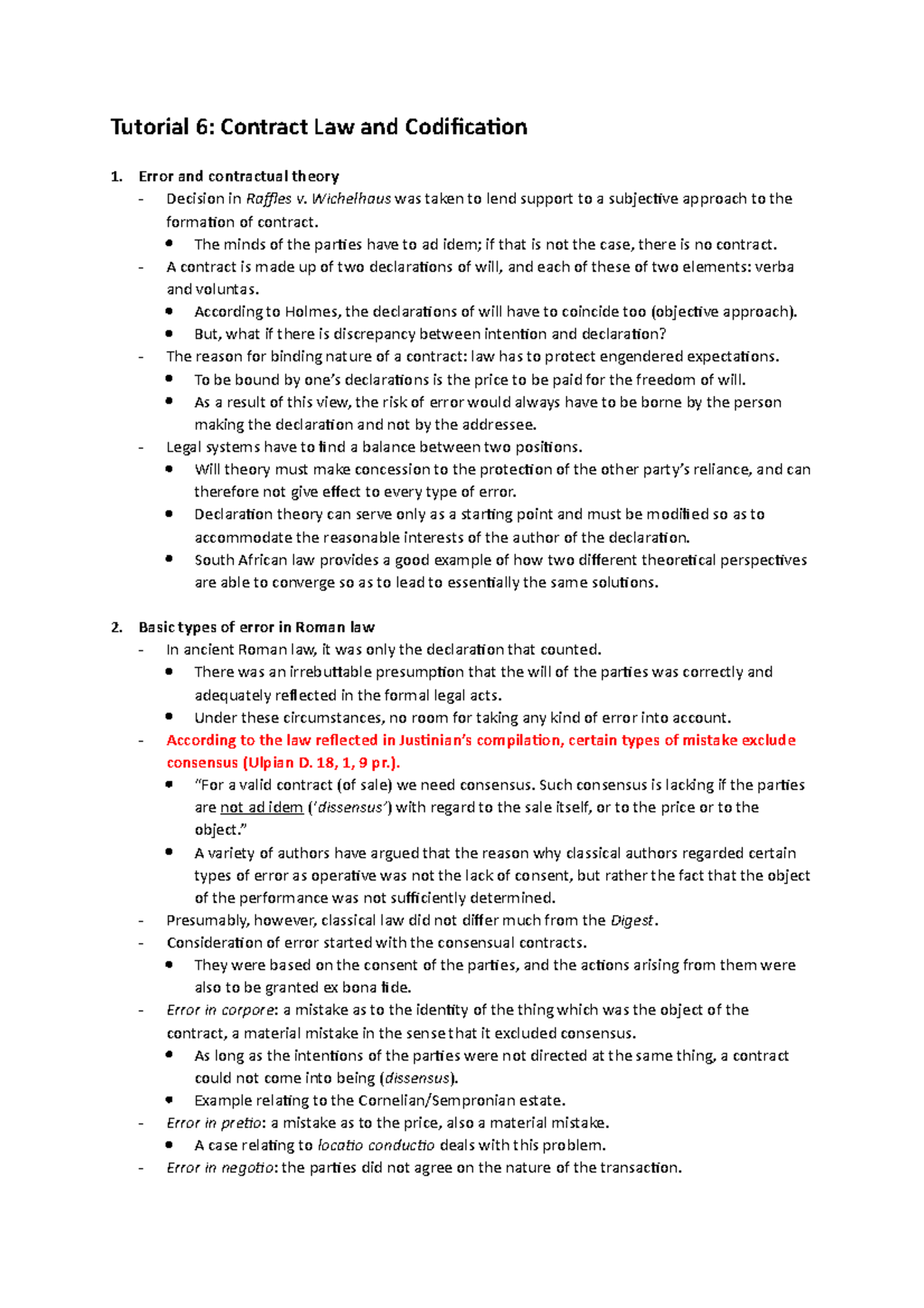 Tutorial 6: Key Issues in Contract Law and Error Analysis - Studeersnel