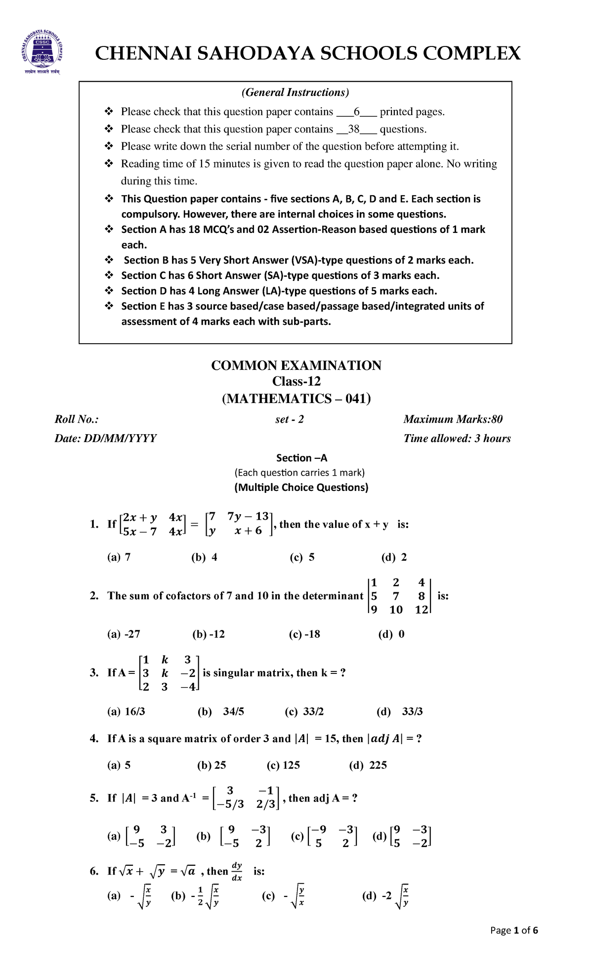 QP Mathematics-12- Common EXAM-SET 2 - COMMON EXAMINATION Class ...