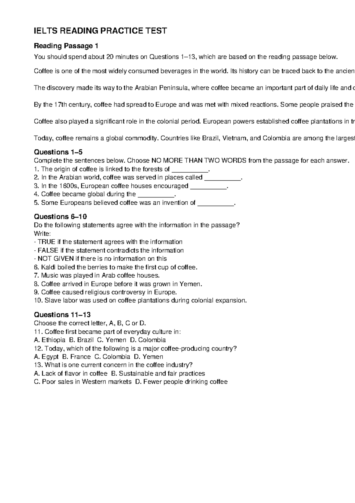 IELTS READING PRACTICE: Coffee Passage 1 Analysis and Questions - Studocu