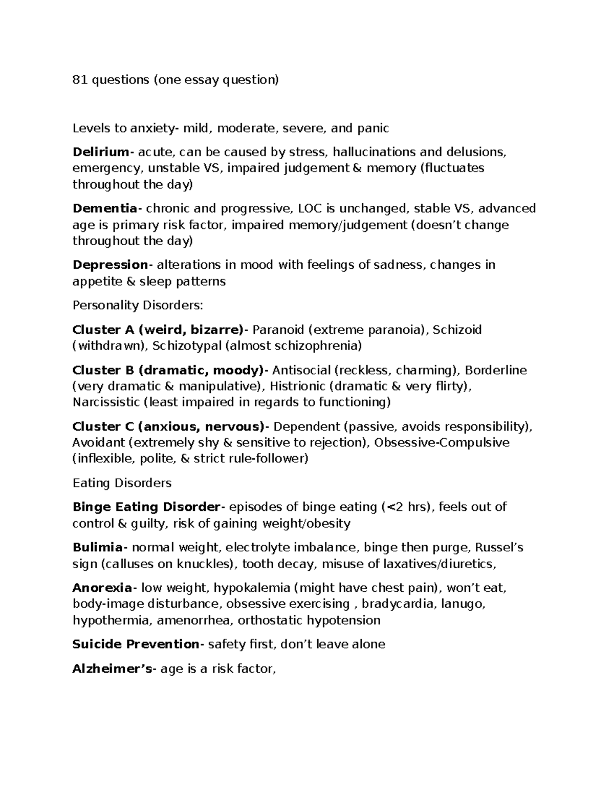 MH Final Exam Review - Summary Mental Health Nursing Care - 81 ...