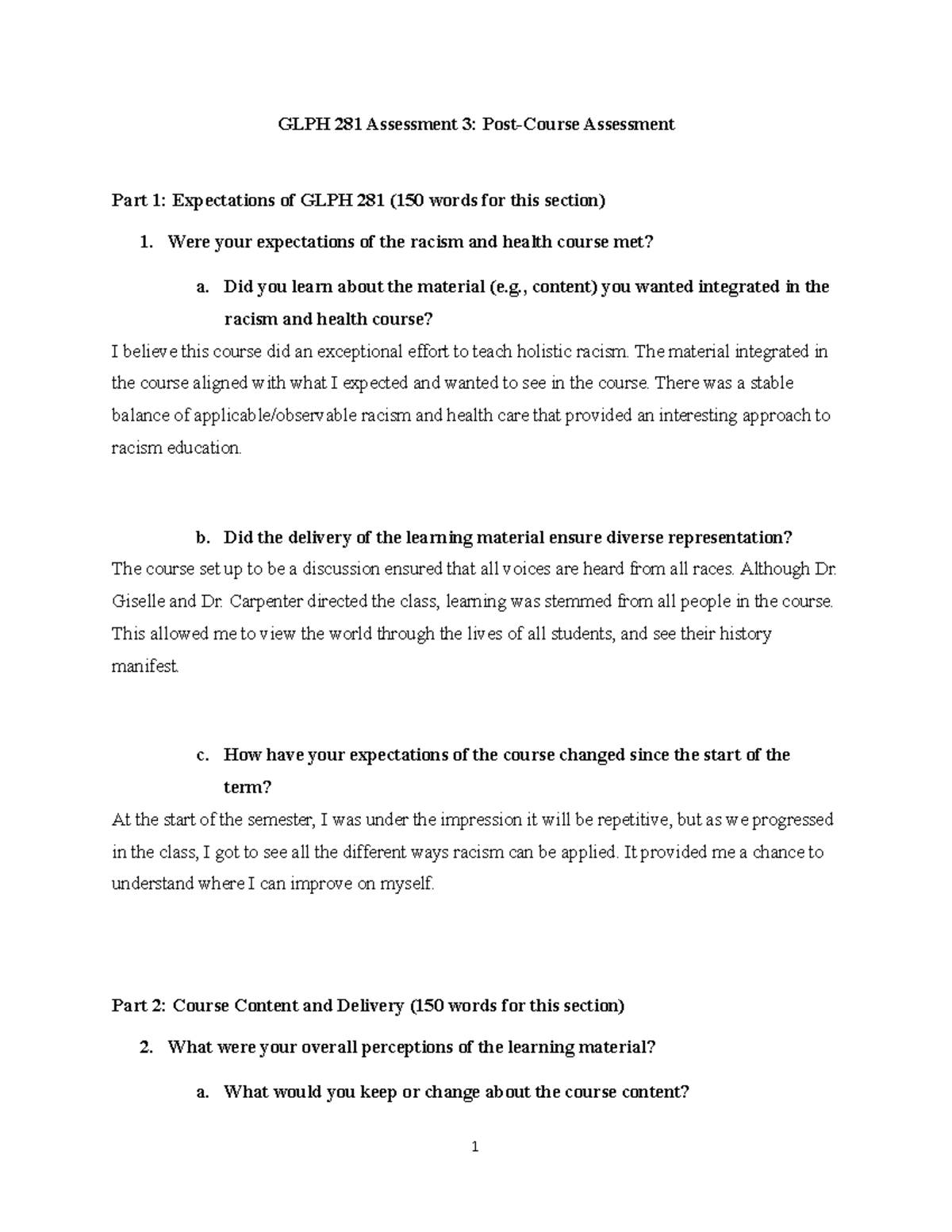 Assessment 3 - Post Course Assessment - GLPH 281 Assessment 3: Post ...