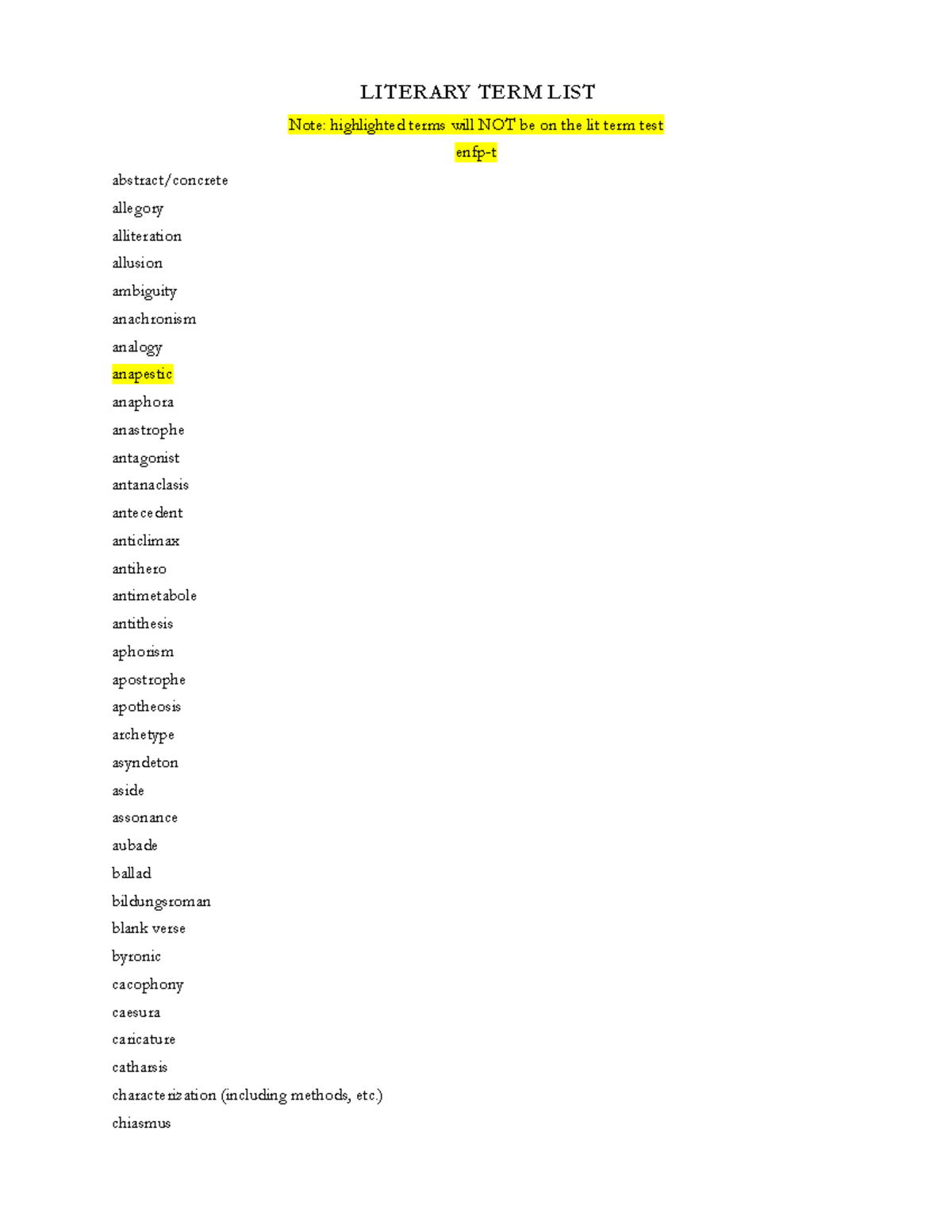 LIT 101: Literary Term List for Test Prep - Studocu