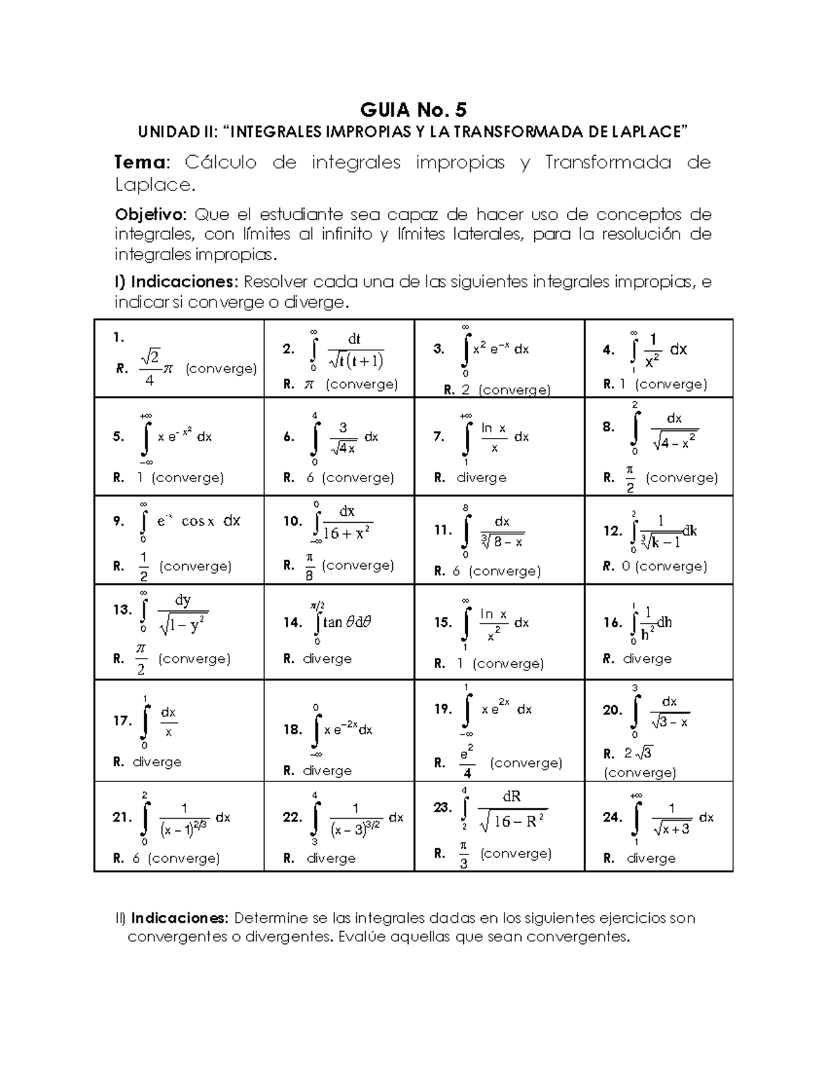 GUIA No - 5 UNIDAD II: “INTEGRALES IMPROPIAS Y LA TRANSFORMADA DE ...