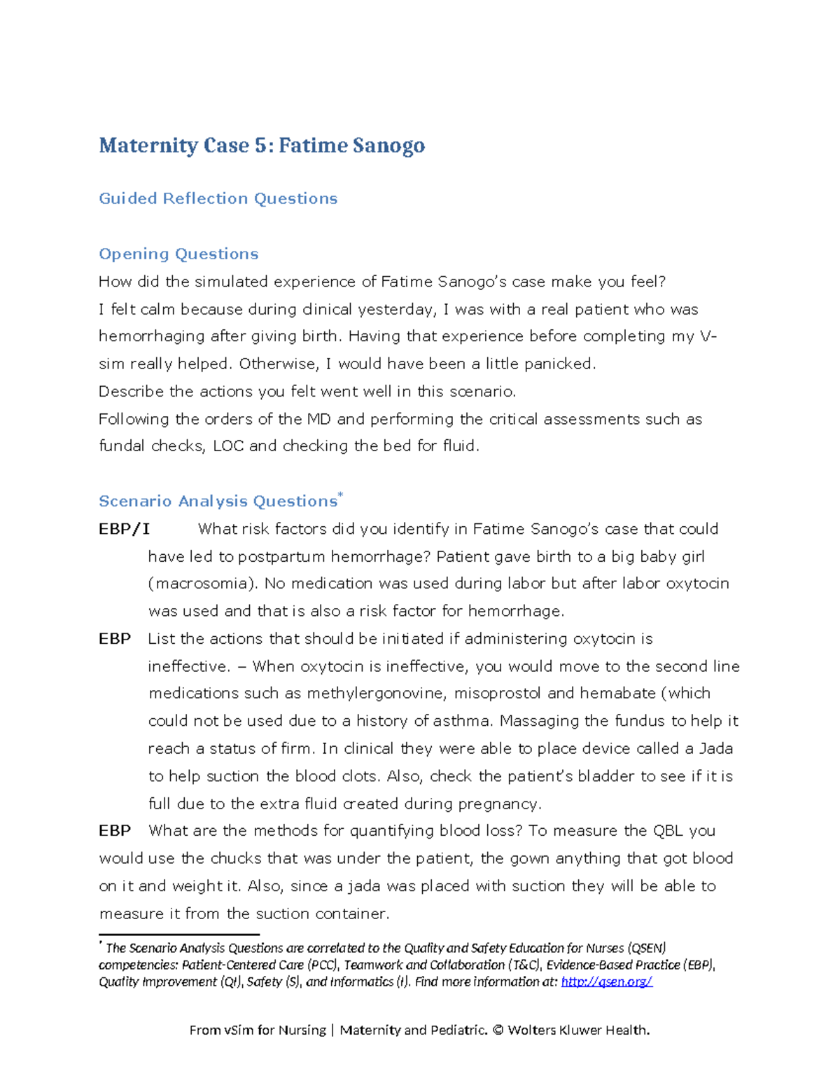 Maternity Case Study: Fatime Sanogo - Simulated Clinical Reflection ...