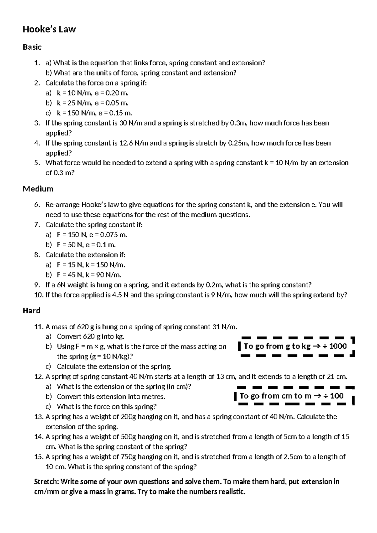 Hooke's Law Worksheet: Understanding Spring Constants & Forces - Studocu