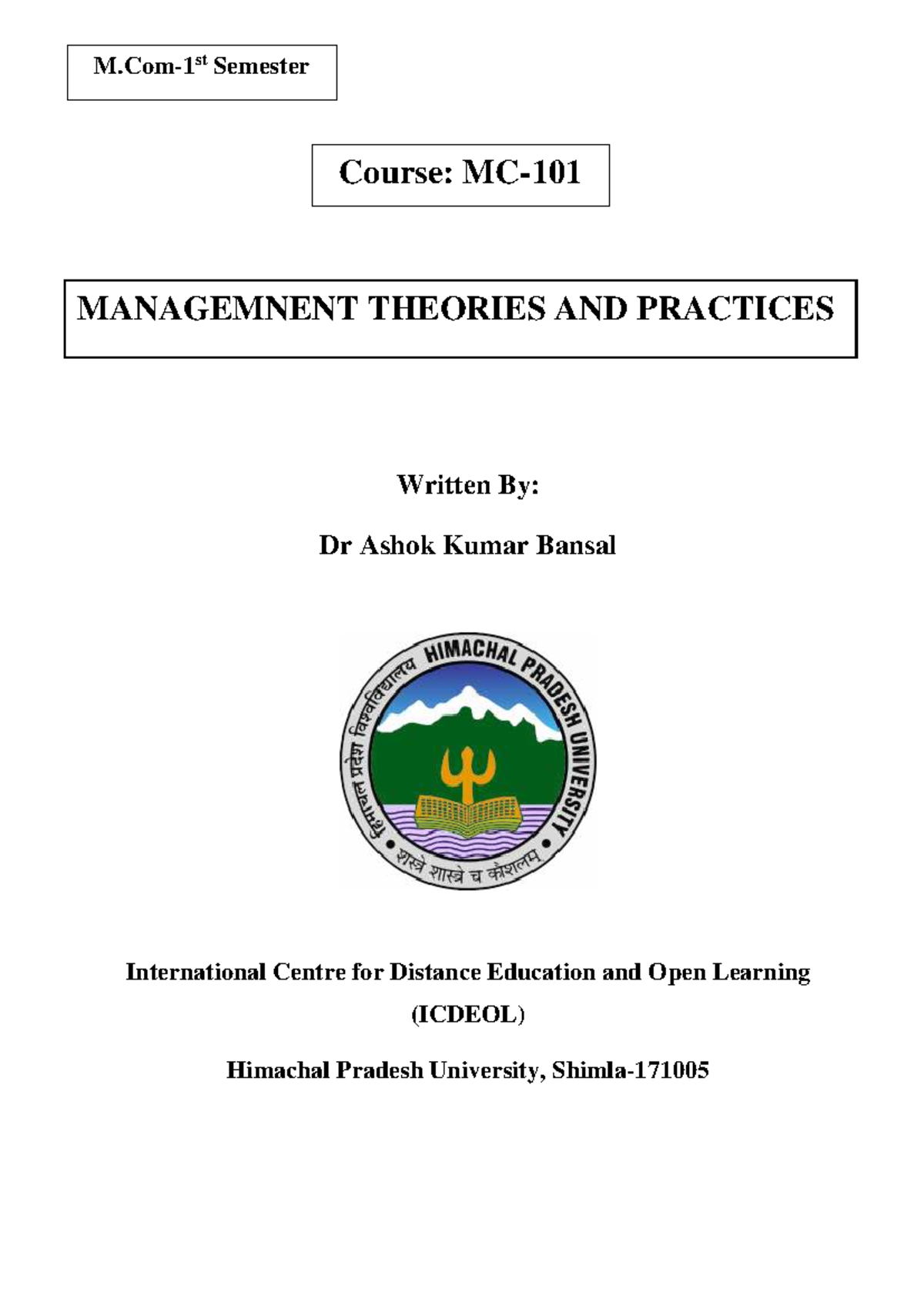 Final Lecture Notes on Management Theories and Practices (MC-101) - Studocu