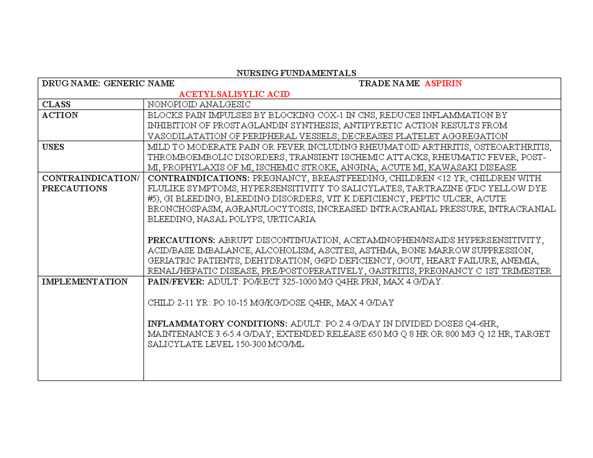 Aspirin (Acetylsalicylic Acid) - Nursing Fundamentals Medication Card ...