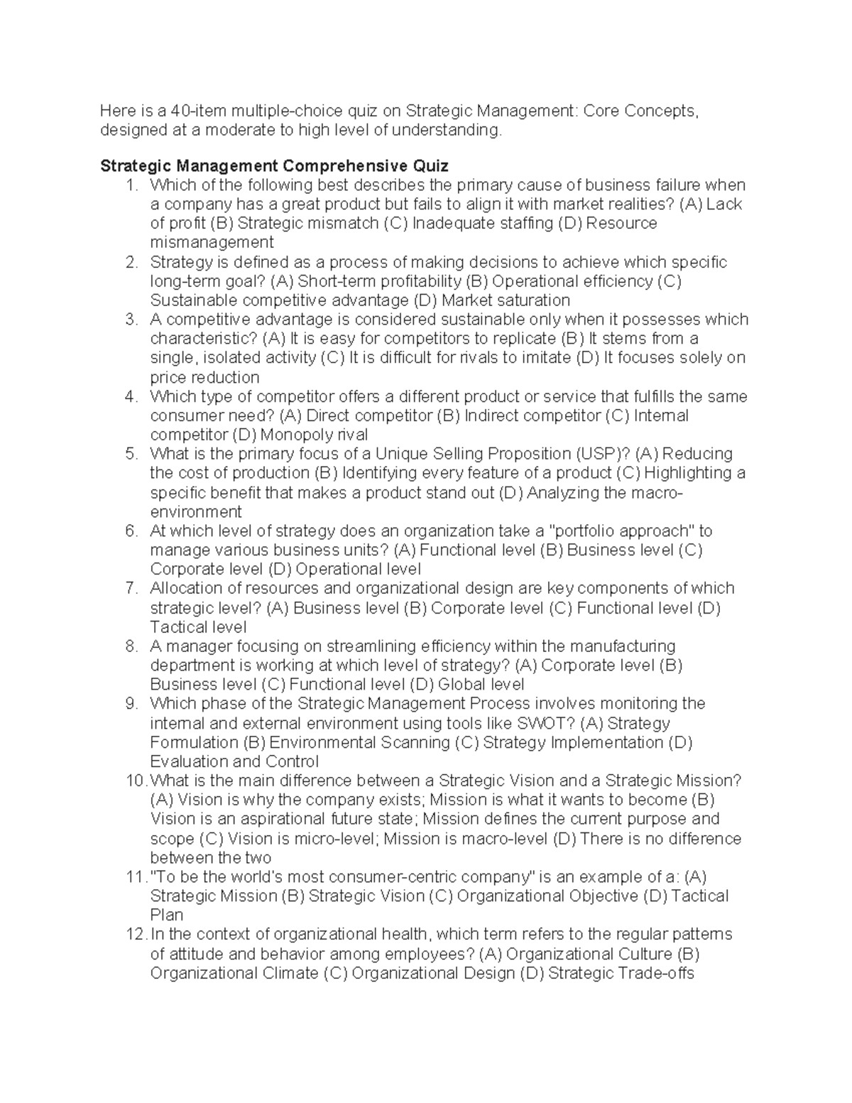 Strategic Management Quiz (STRAT 101): Core Concepts & Challenges - Studocu