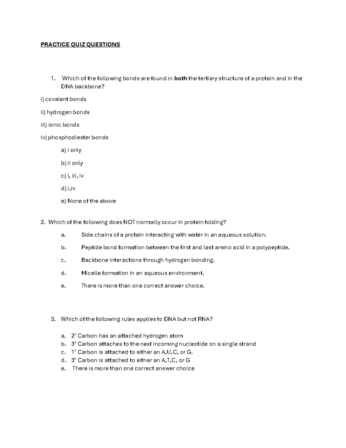 BIO101 PRACTICE QUIZ QUESTIONS: Recitation 1 - Studocu