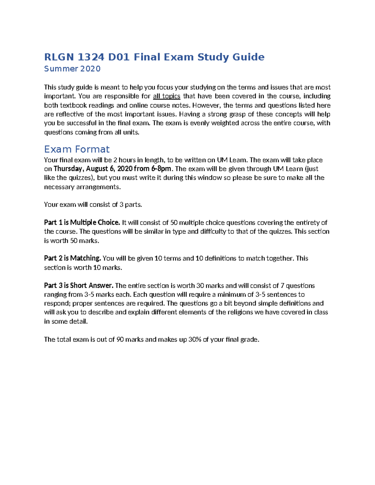 RLGN 1324 D01 Final Exam Study Guide - Summer 2020 - Studocu