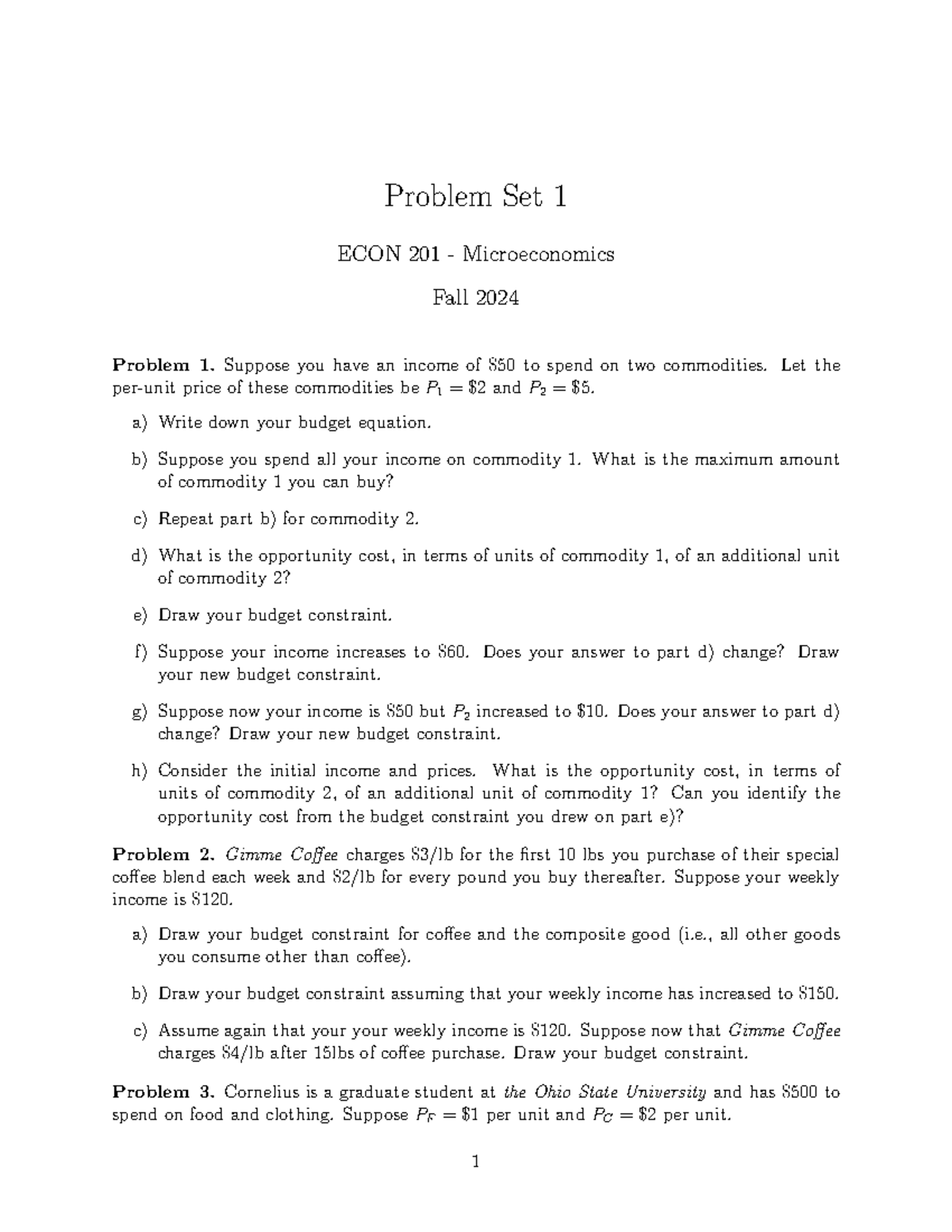 Problem set 1 ECON 201 microeconomics Fall 2024 questions and solutions ...